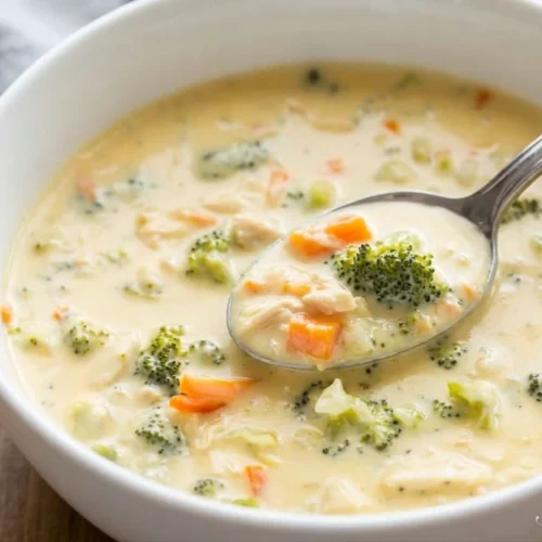 A silver spoon scoops thick, creamy chicken broccoli cheddar soup with tender chicken pieces, bright green broccoli florets, and diced orange carrots from a large white ceramic bowl.