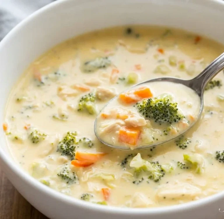 A silver spoon scoops thick, creamy chicken broccoli cheddar soup with tender chicken pieces, bright green broccoli florets, and diced orange carrots from a large white ceramic bowl.