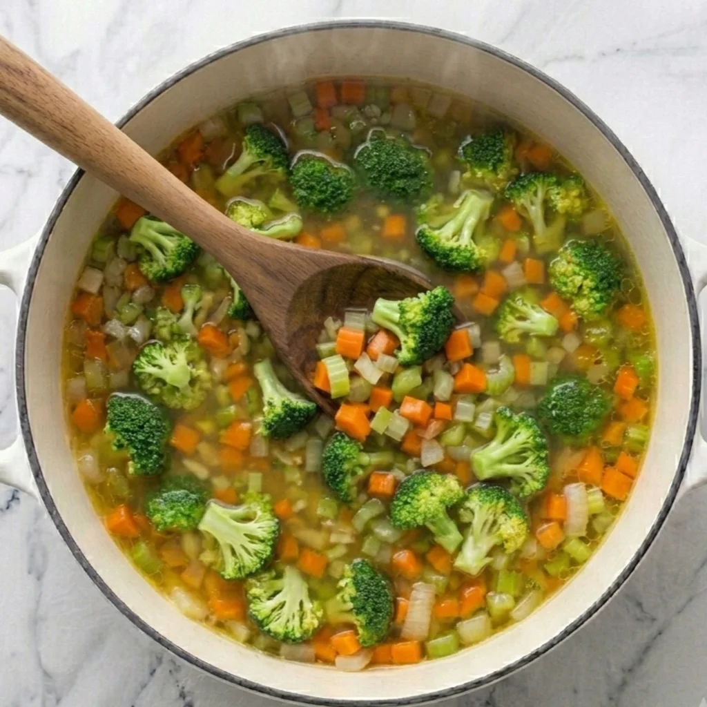 white pot filled with simmering vegetable broth soup, packed with vibrant green broccoli florets, diced orange carrots, and celery, with a large wooden spoon stirring it.