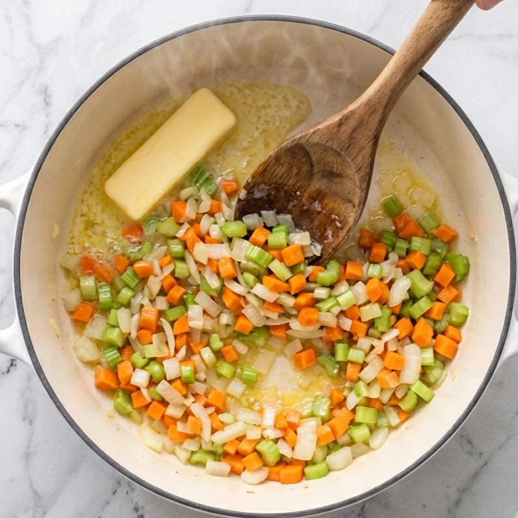diced carrots, celery, and onions sautéing in a white pot with a large stick of melting butter, being stirred with a wooden spoon as steam rises.
