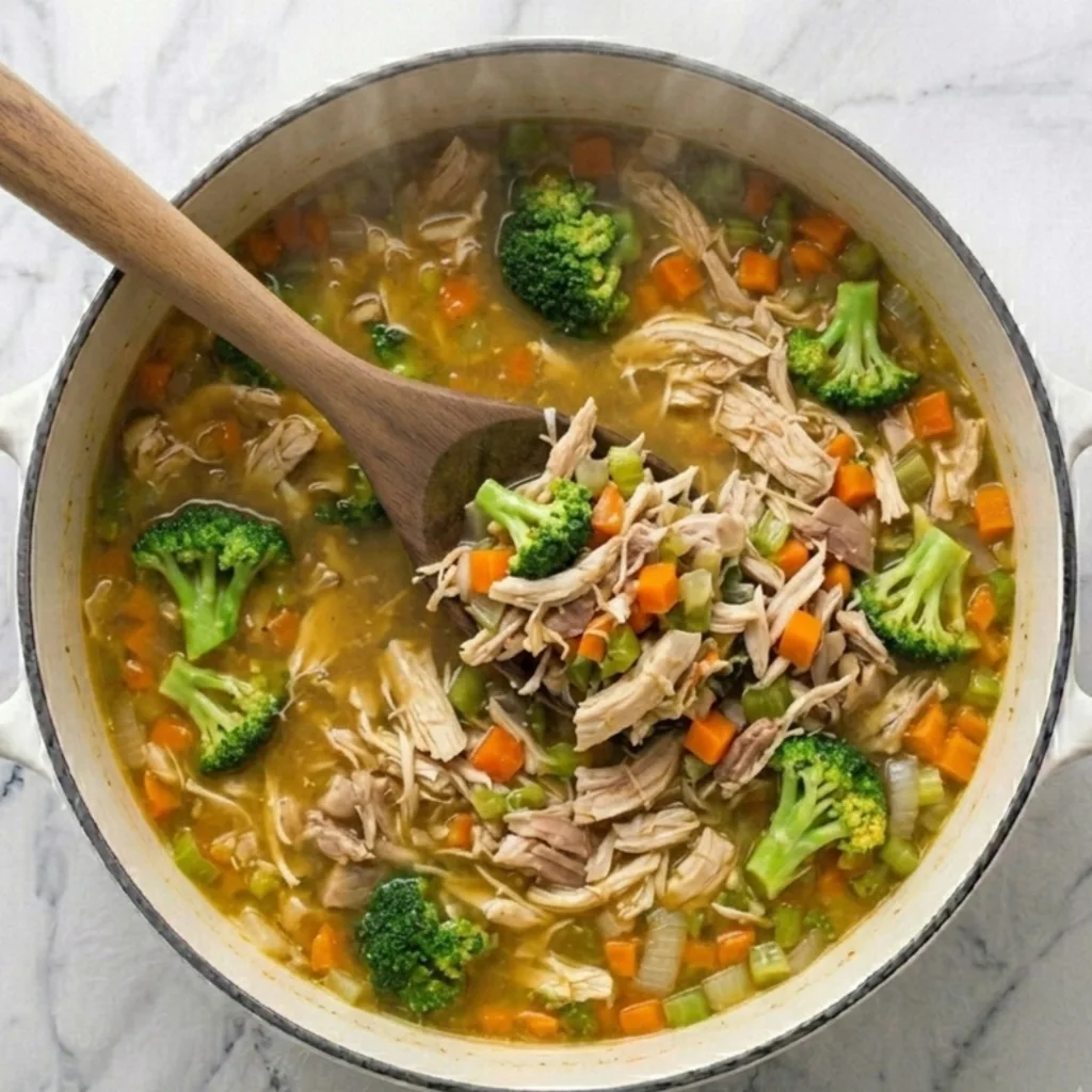 chicken breast added to a simmering pot of vegetable broth soup, mixed with vibrant green broccoli florets, diced carrots, and celery, stirred with a wooden spoon.