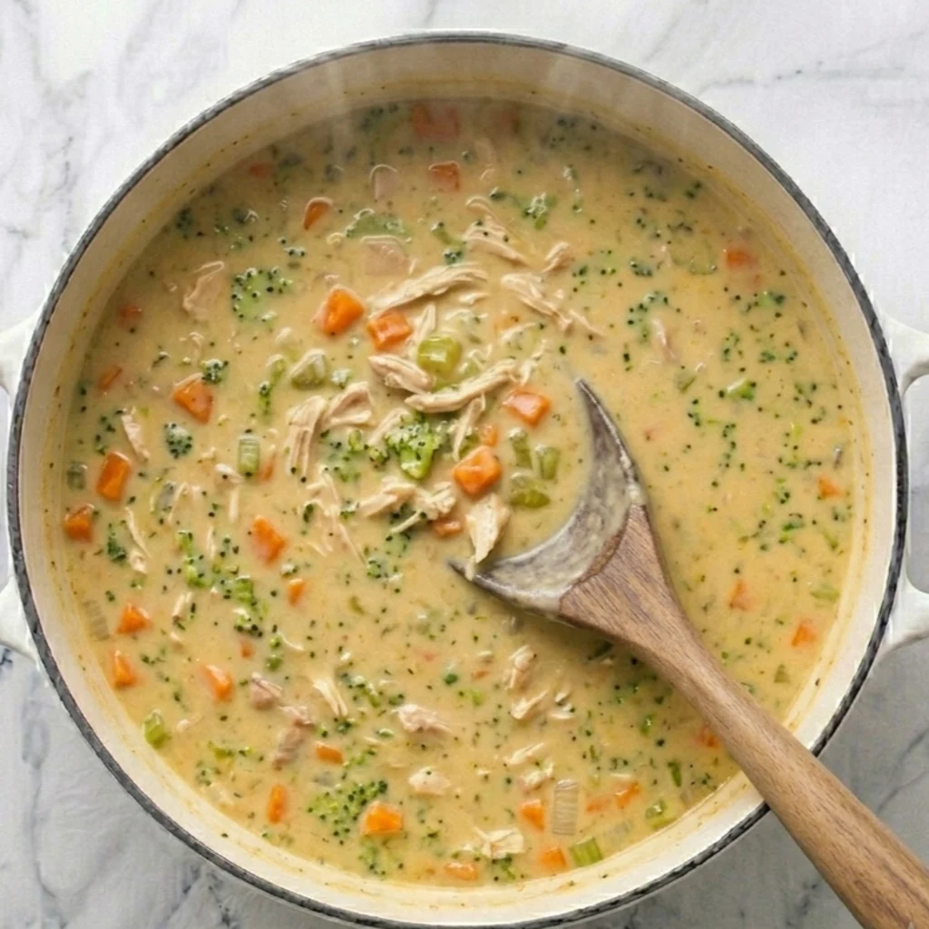 creamy, thick chicken broccoli cheddar soup simmering in a white pot, filled with finely chopped broccoli bits, shredded chicken, and diced carrots, stirred with a wooden spoon.