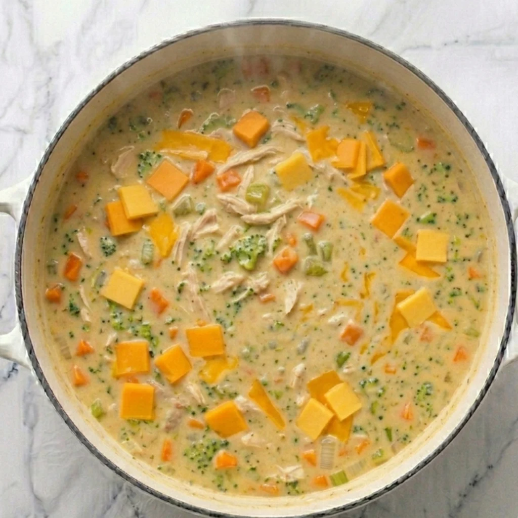 creamy chicken broccoli soup in a white pot, topped with small, square slices of cheddar cheese melting into the warm, veggie-flecked broth as steam gently rises.
