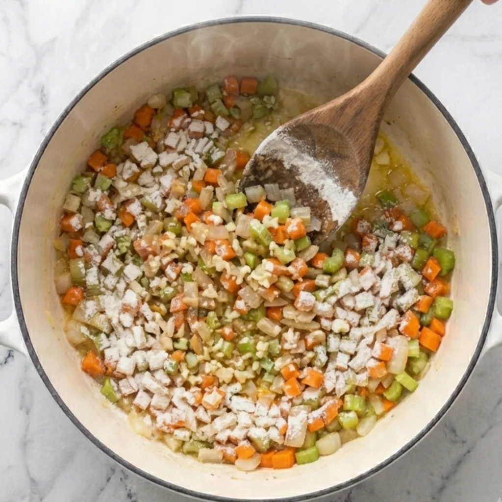white flour and minced garlic sprinkled over sautéed carrots, celery, and onions in a pot, being stirred with a wooden spoon to form a thick roux.