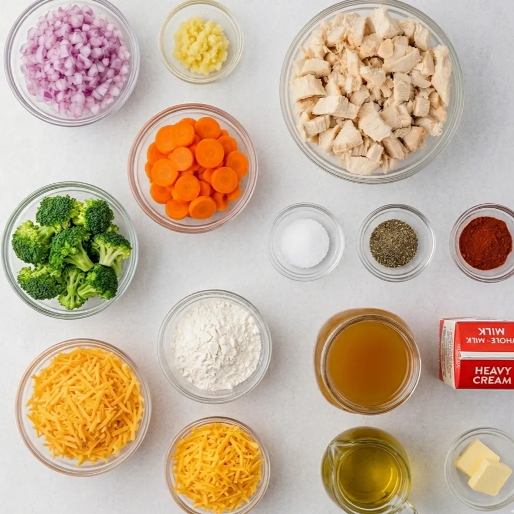 ingredients for chicken broccoli cheddar soup in glass bowls: diced chicken, broccoli florets, shredded cheese, chopped onions, carrots, minced garlic, flour, broth, heavy cream, and spices.