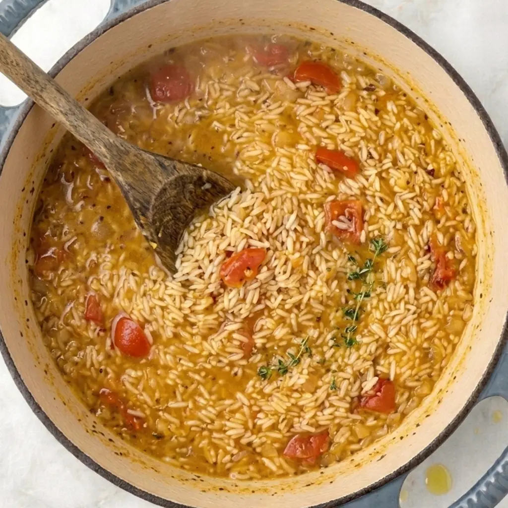 seasoned rice, tender chicken, and beans, mixed with diced tomatoes and herbs, being stirred with a wooden spoon in a Dutch oven.