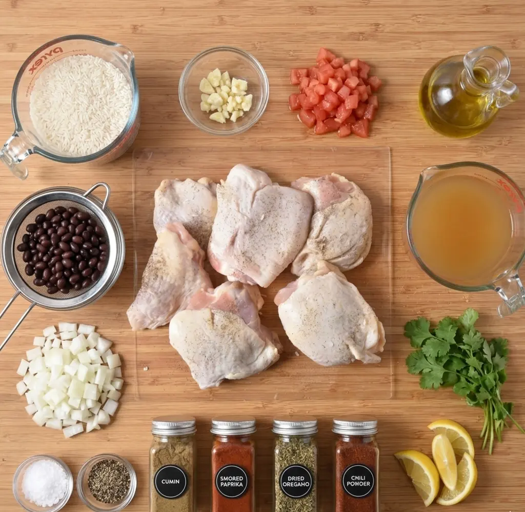 ingredients of chicken rice and beans recipe raw chicken thighs, white rice, black beans, diced onions, tomatoes, chicken broth, olive oil, spices, and fresh cilantro.