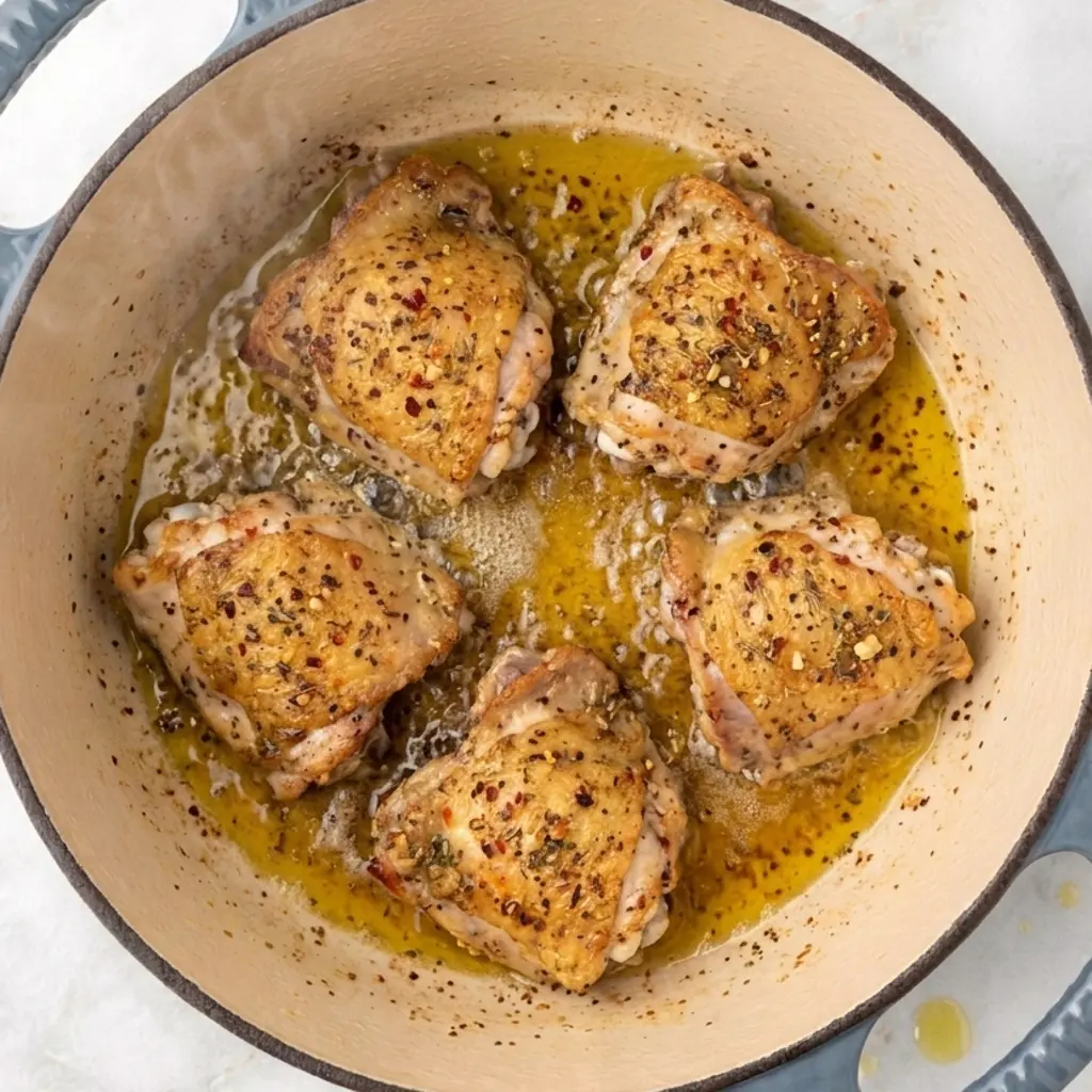 chicken thighs searing in oil inside a Dutch oven, coated in a flavorful blend of herbs and spices.