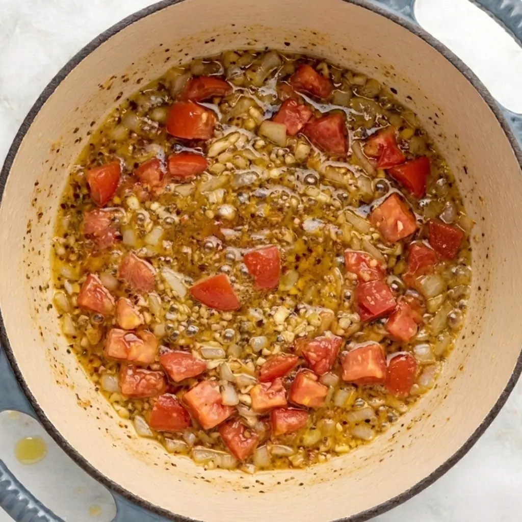 Diced tomatoes, chopped onions, and minced garlic sautéing in shimmering oil and chicken drippings