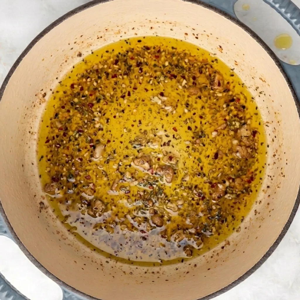 chopped garlic and spices simmering in golden oil inside a large pot