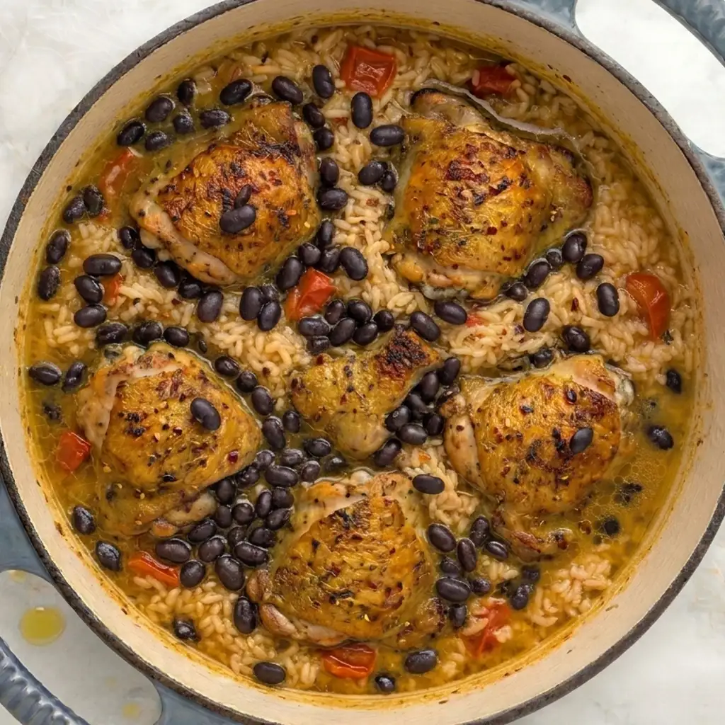 golden-brown chicken thighs nestled in a large pot with seasoned rice, black beans, and diced tomatoes, showing the finished one-pot meal.