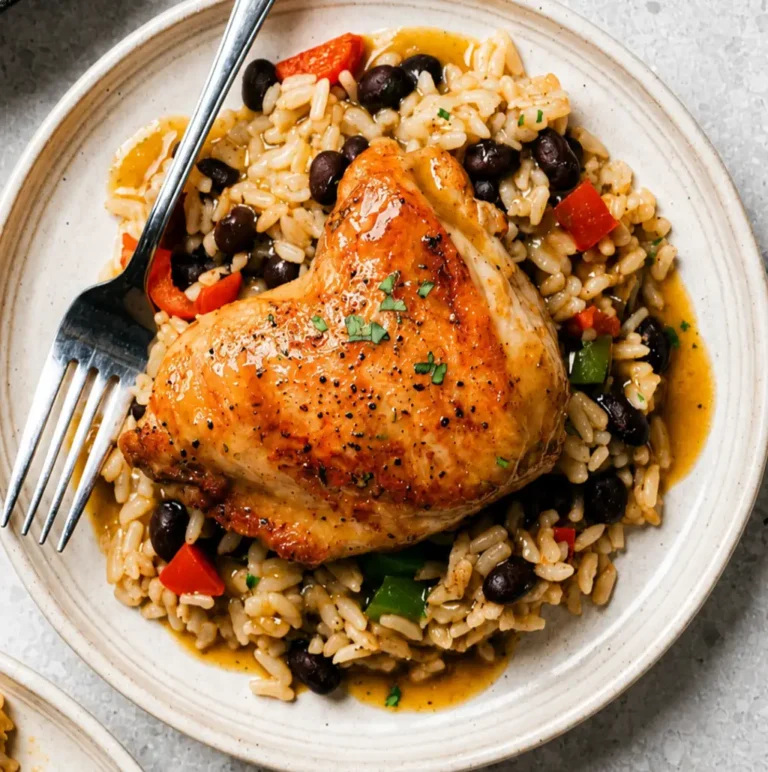 chicken rice and beans plated featuring a tender roasted chicken thigh topped with fresh herbs, paired with flavorful white rice, black beans, and savory sauce.