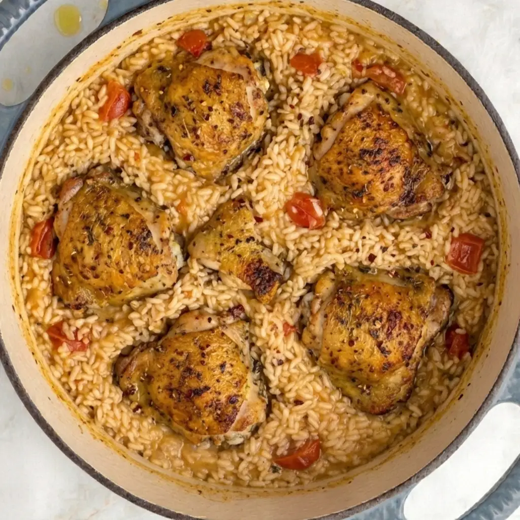 golden-brown roasted chicken thighs nestled in a bed of seasoned rice and diced tomatoes inside a large cooking pot