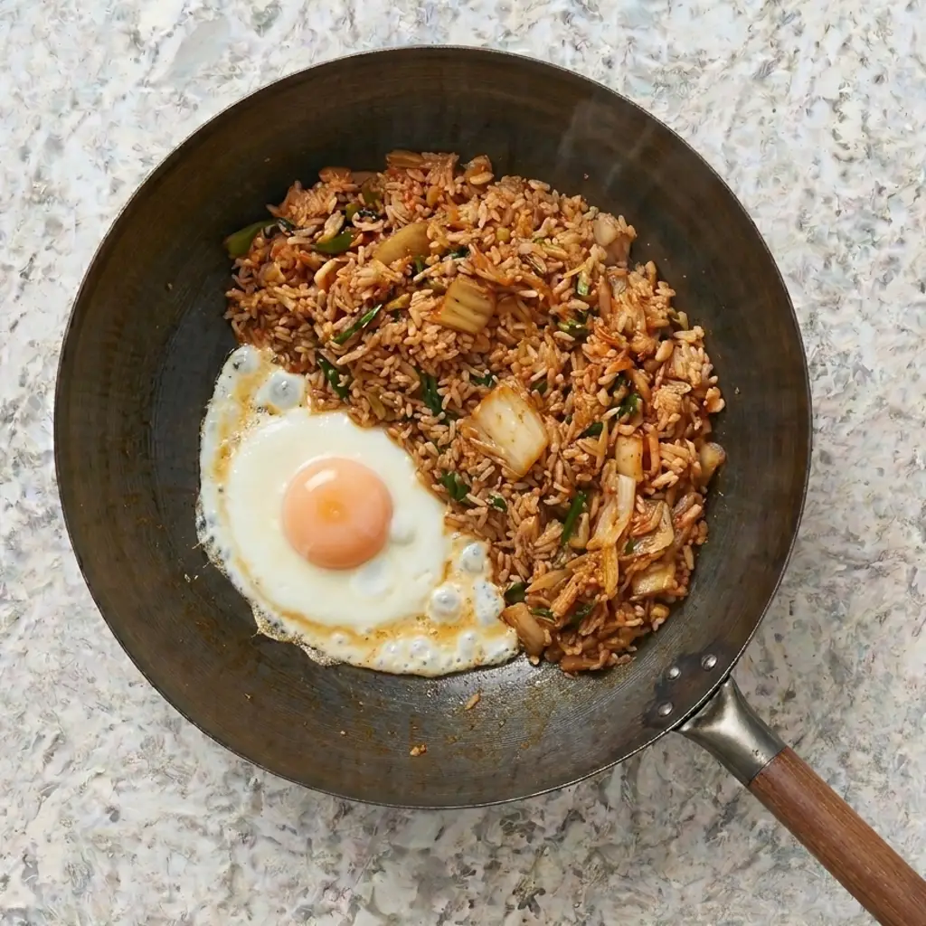 Kimchi chicken fried rice with green onions served in a dark wok, topped with a sunny-side-up fried egg featuring a bright orange yolk, set against a marbled countertop.