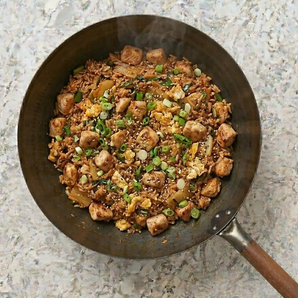 Kimchi chicken fried rice cooked in a dark wok, mixed with cubed chicken, scrambled egg, chopped green onions, and sesame seeds, placed on a light marbled countertop.