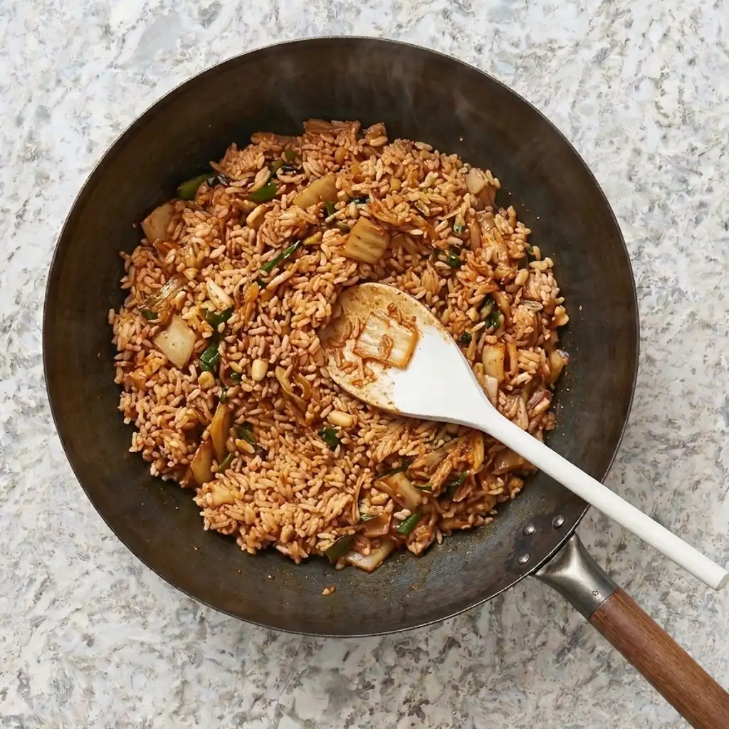 Kimchi chicken fried rice with green onions being stirred with a white spoon in a dark wok, resting on a light-colored, patterned marble surface.
