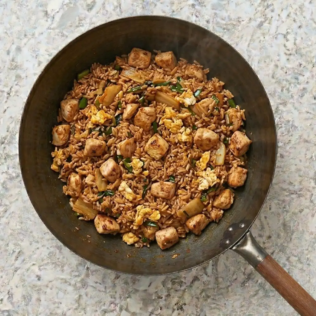 a dark wok on a marbled countertop is filled with a savory mix of fried rice, tender cubed chicken, kimchi, scrambled egg, and scallions.