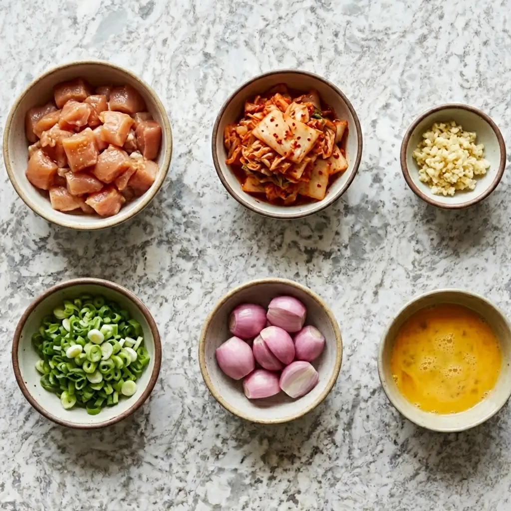 six small ceramic bowls holding prepped ingredients—cubed raw chicken, kimchi, minced garlic, chopped green onions, whole shallots, and whisked egg—are arranged on a marble surface