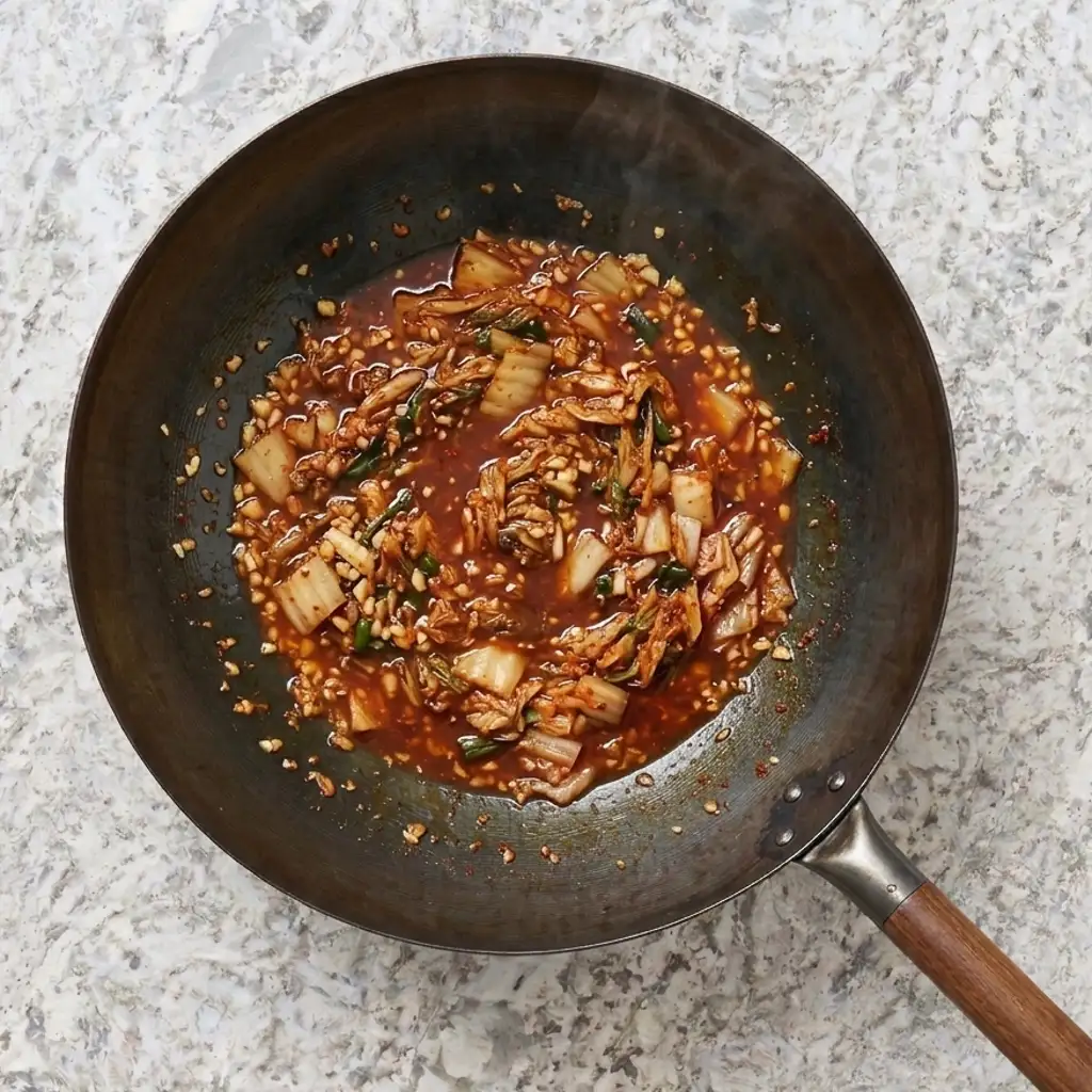 chopped kimchi and minced aromatics simmer in a rich, red chili sauce inside a dark wok, resting on a marbled surface.