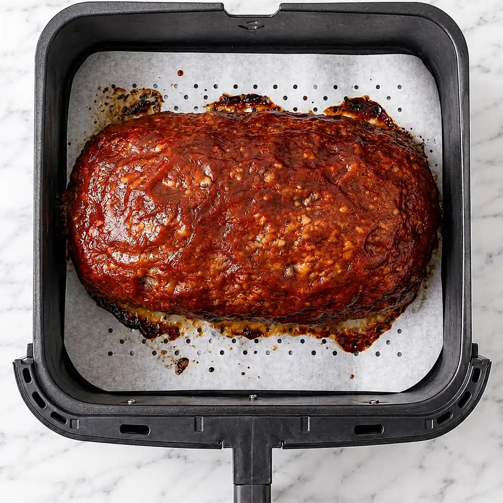 A cooked meatloaf, covered with a thick layer of ketchup, placed on perforated parchment paper inside a square black air fryer basket.