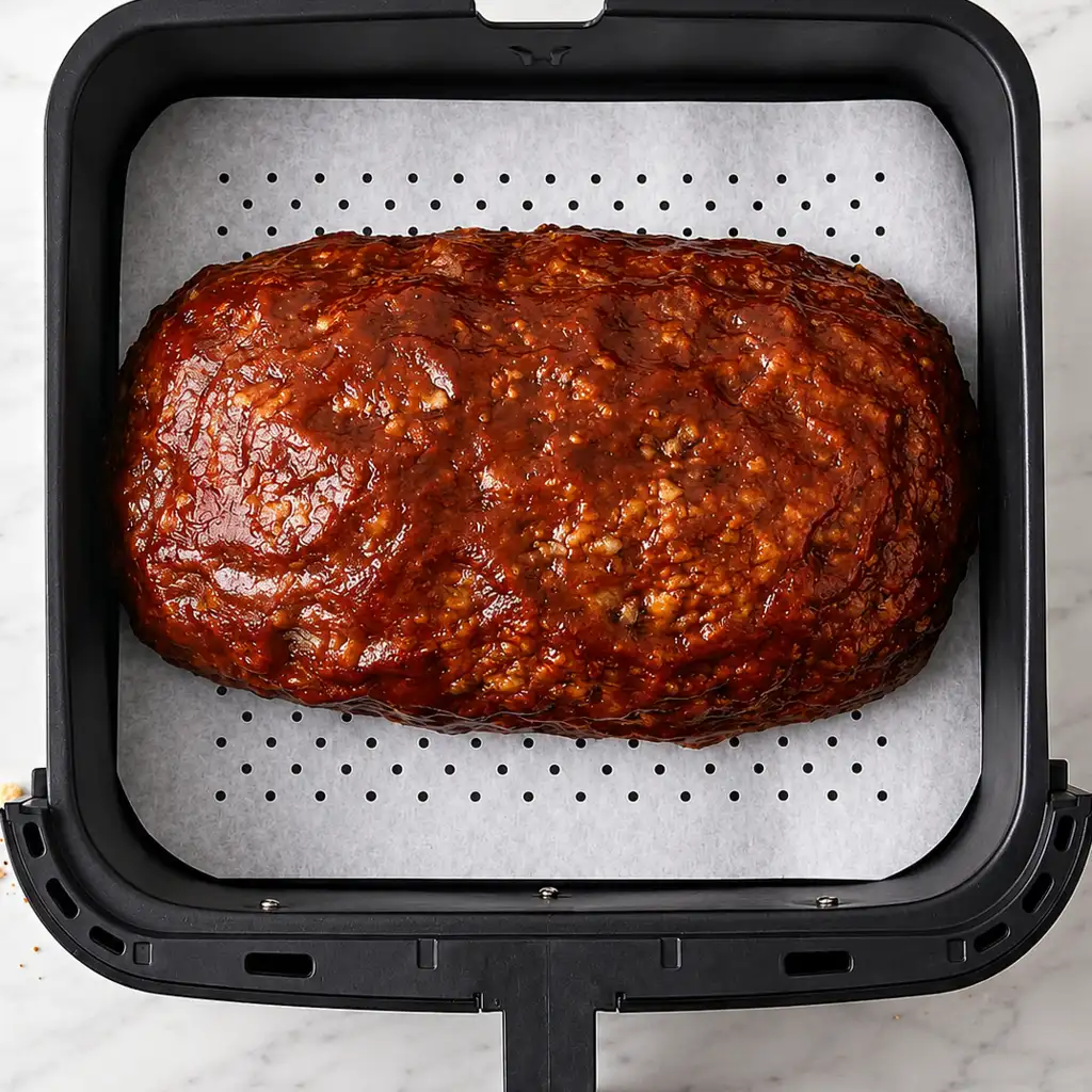 A loaf of raw meat, covered with a thick layer of red sauce, placed on perforated parchment paper inside a square black air fryer basket.