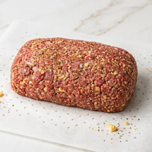 A raw, shaped ground beef meatloaf mixture containing visible chopped onions and seasonings, resting on a sheet of white perforated parchment paper on a marble countertop