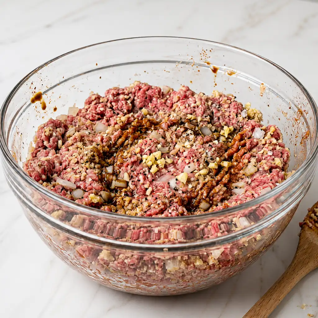 Raw ground beef mixture for an air fryer meatloaf recipe being combined with chopped onions, garlic, and seasonings in a large glass mixing bowl on a marble countertop.