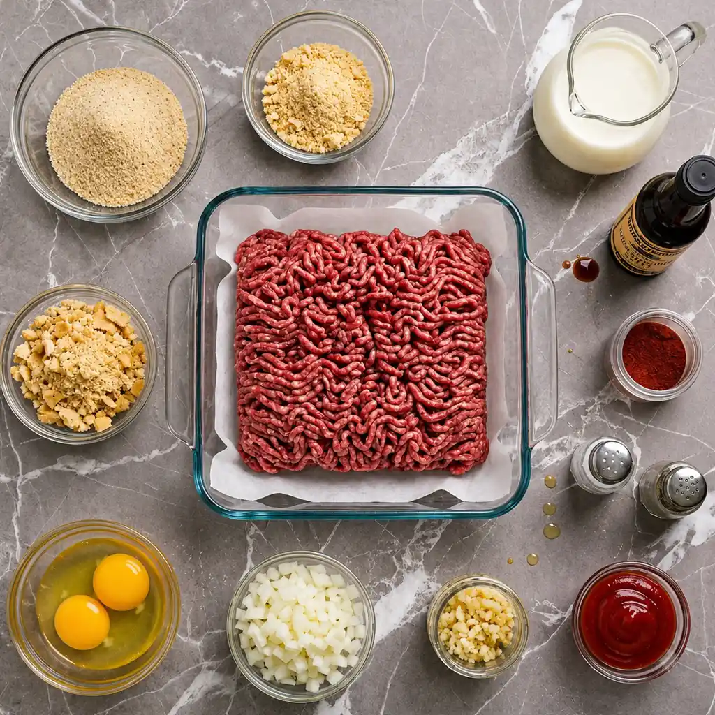 ingredients for Air Fryer Meatloaf Recipe, featuring raw ground beef in a glass dish surrounded by bowls of eggs, chopped onions, breadcrumbs, milk, and spices.