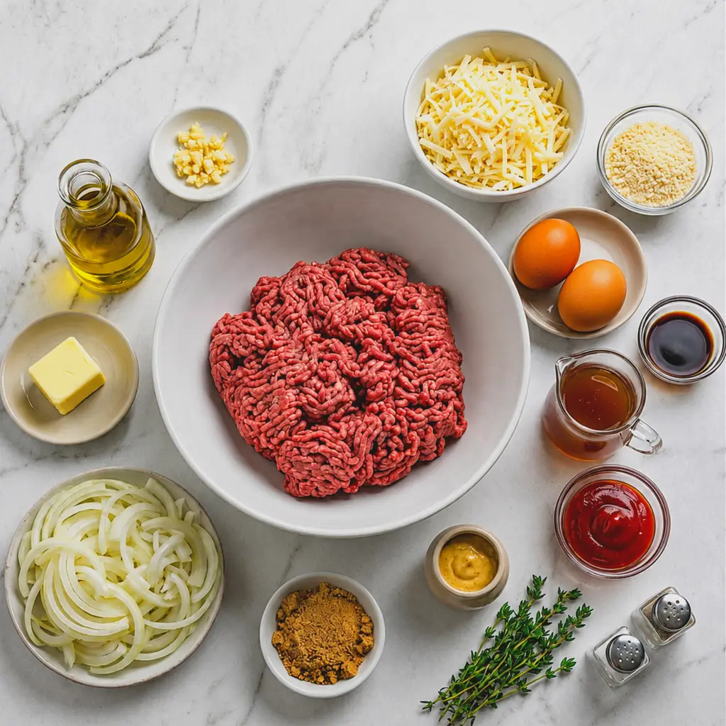 French Onion Meatloaf Recipe ingredients on a marble counter, including raw ground beef in a white bowl surrounded by sliced onions, shredded cheese, eggs, broth, and seasonings.