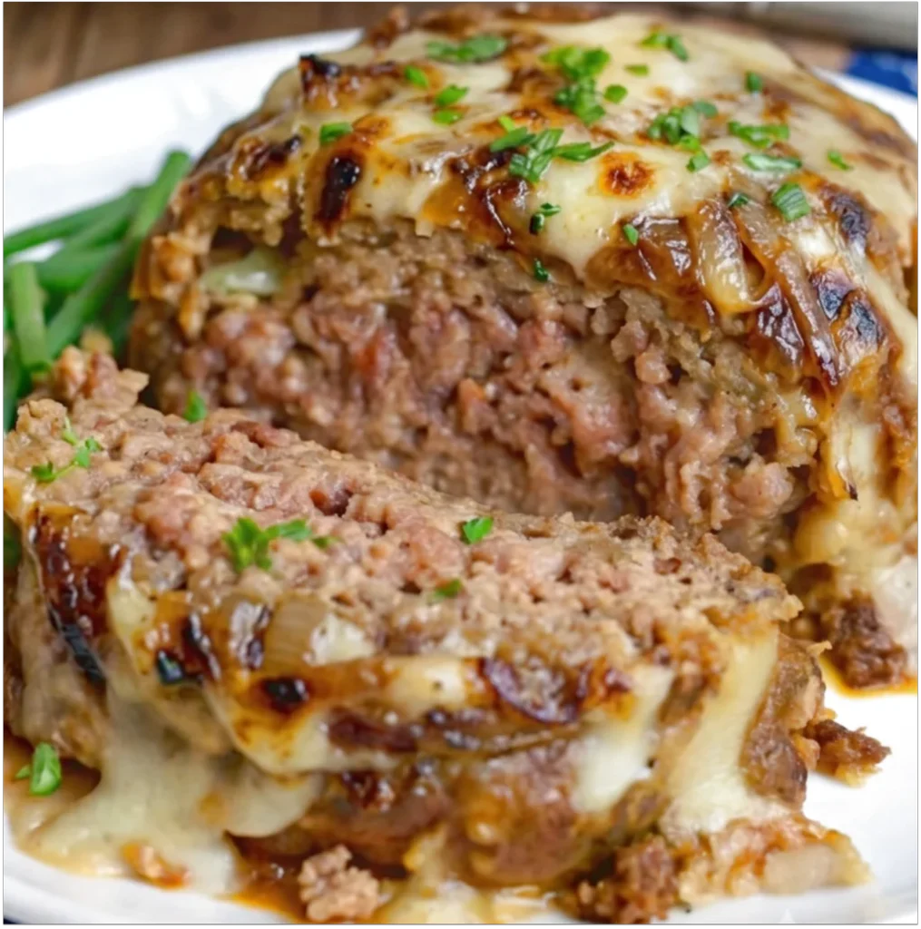 A sliced French Onion Meatloaf Recipe topped with melted Gruyere cheese, caramelized onions, served on a white plate
