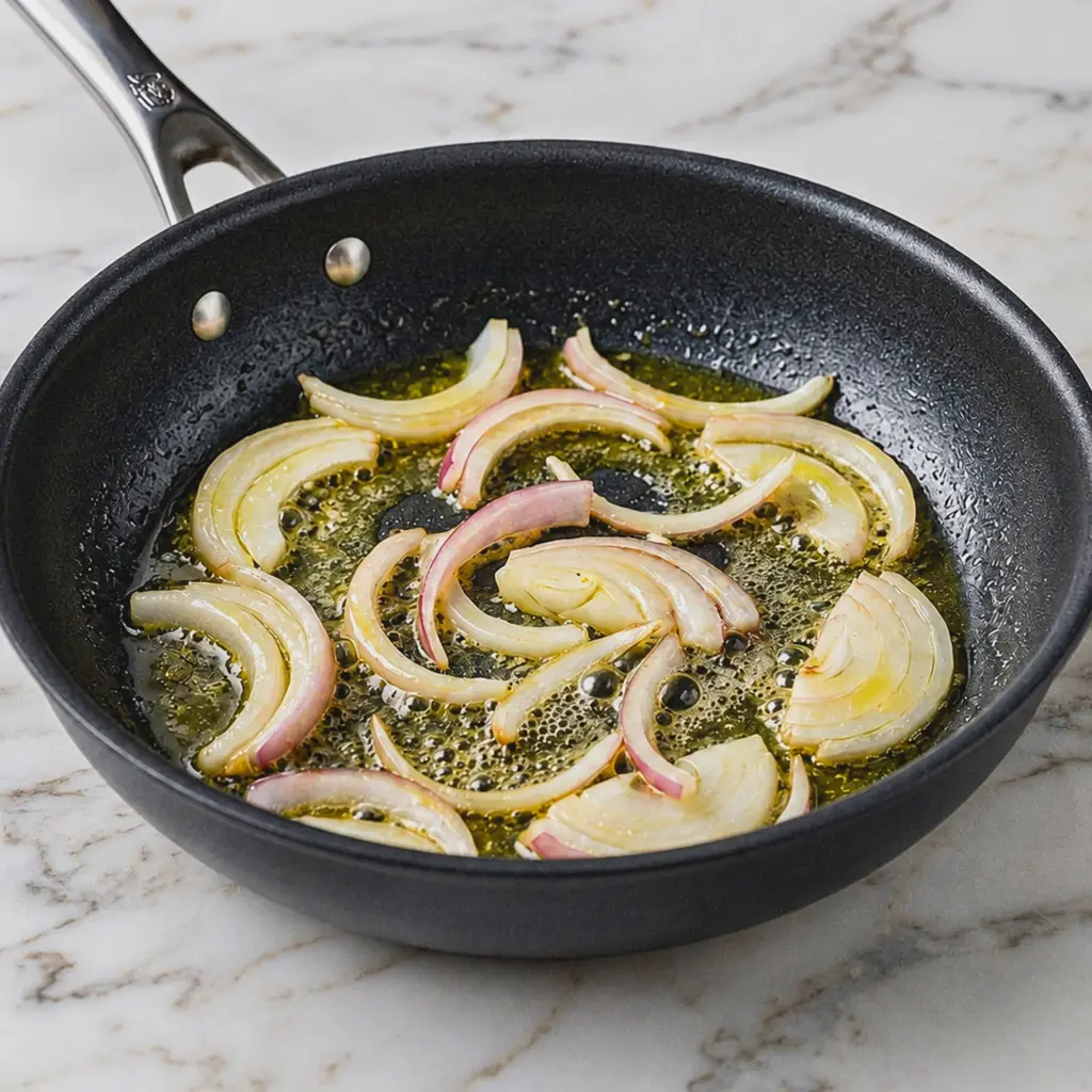 Onion slices cooked in oil and butter in a black nonstick skillet placed on a marble countertop,