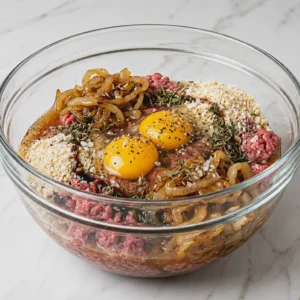 Large glass mixing bowl filled with raw ground beef, caramelized onions, two egg yolks, breadcrumbs, herbs, and seasonings ready to be combined for French onion meatloaf.