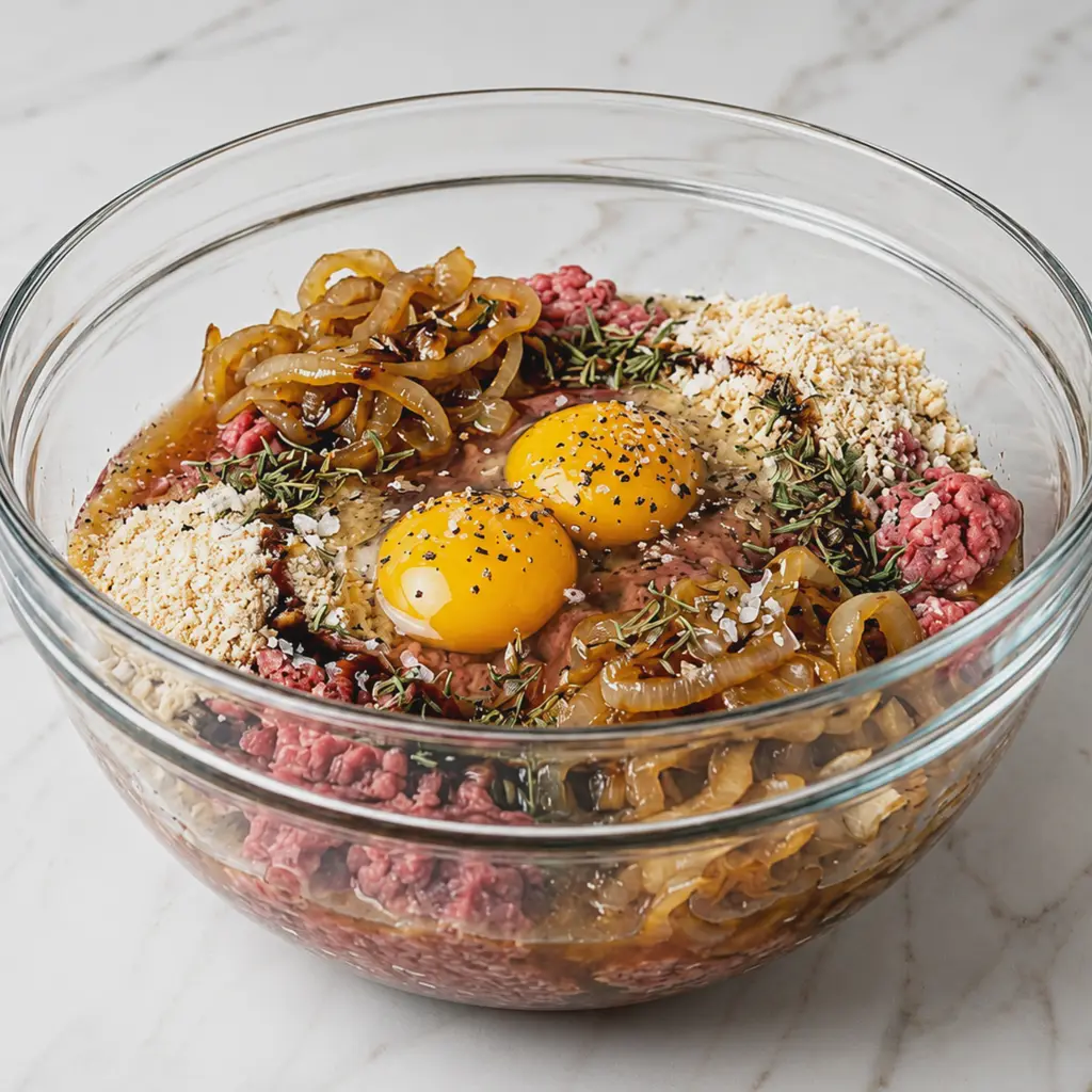Large glass mixing bowl filled with raw ground beef, caramelized onions, two egg yolks, breadcrumbs, herbs, and seasonings ready to be combined for French onion meatloaf.