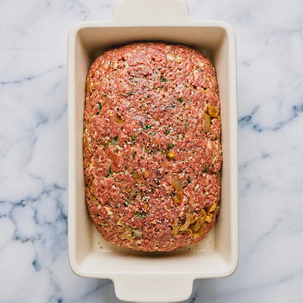 A mixture of ingredients for a meatloaf with French onions, shaped like a loaf inside a cream-colored ceramic baking dish