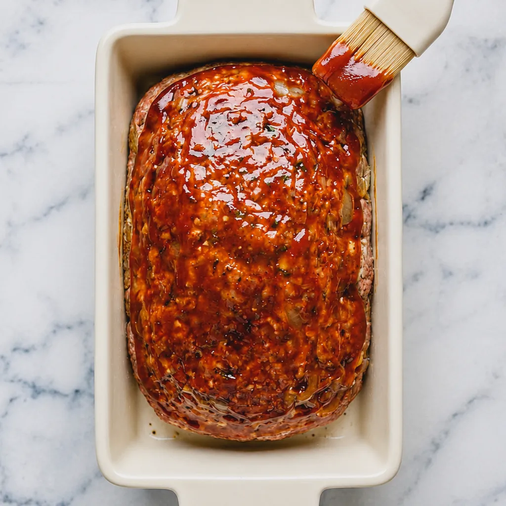A pastry brush is used to spread a thick layer of red sauce on French Onion Meatloaf in a casserole dish, which is placed on a marble countertop.