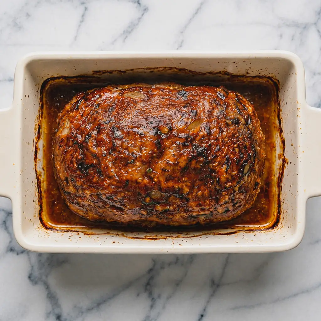 Overhead shot of a fully cooked, glossy glazed French onion meatloaf baked to a golden-brown finish inside a cream-colored ceramic baking dish on a marble countertop.