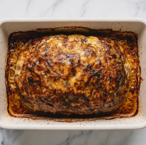 Golden-brown French Onion Meatloaf Recipe topped with melted cheese and caramelized onions, baked to perfection in a white ceramic baking dish set on a marble countertop