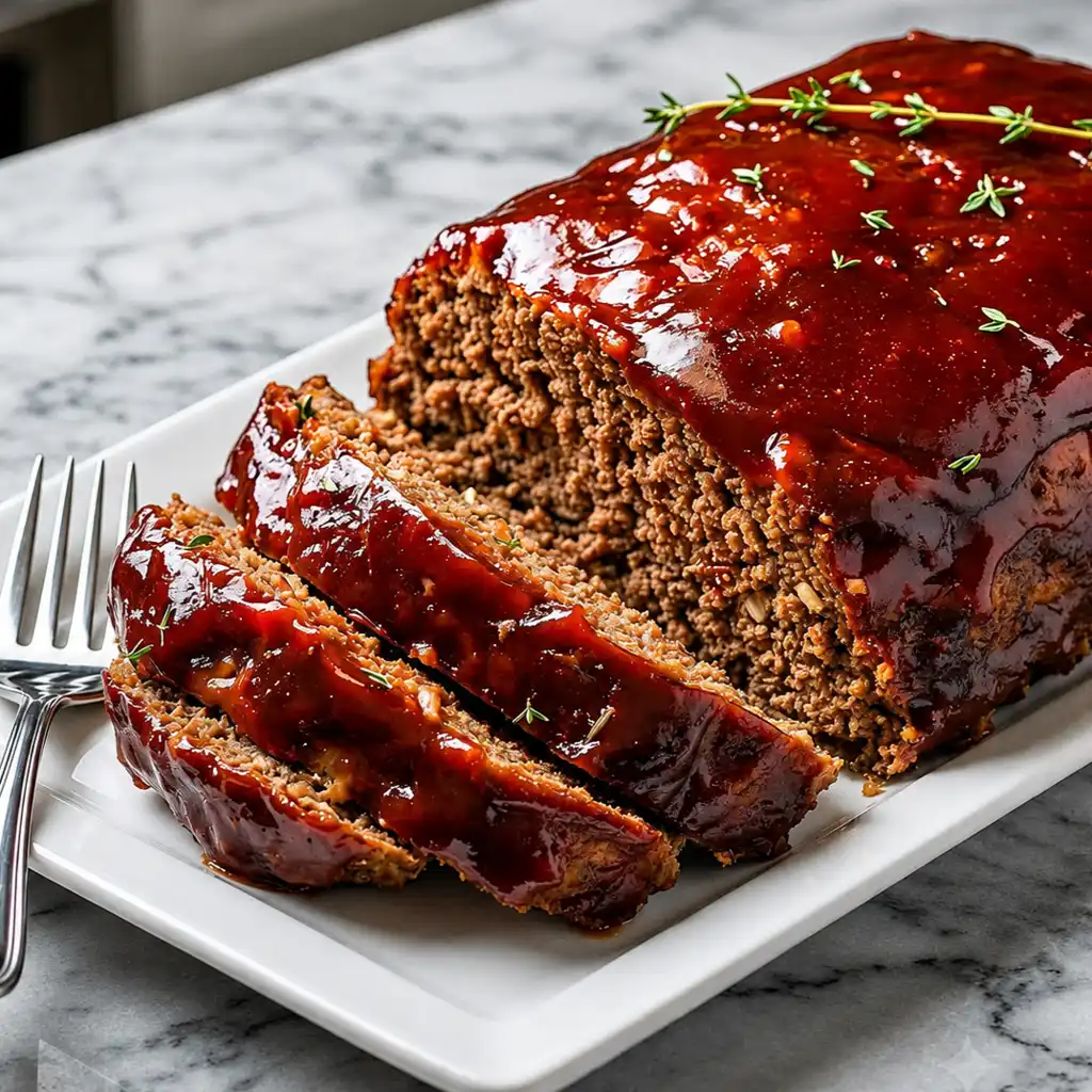 Meatloaf Recipes cooked roast, glazed with a rich, glossy red sauce, garnished with fresh green herbs, and sliced on a rectangular white plate placed on a marble surface next to a fork.