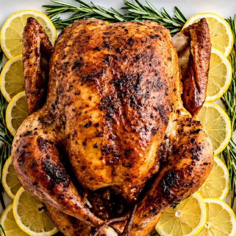 golden-brown roasted Turkey Recipes with a crispy, herb-seasoned skin, presented on a white serving platter surrounded by fresh lemon slices and green rosemary sprigs.