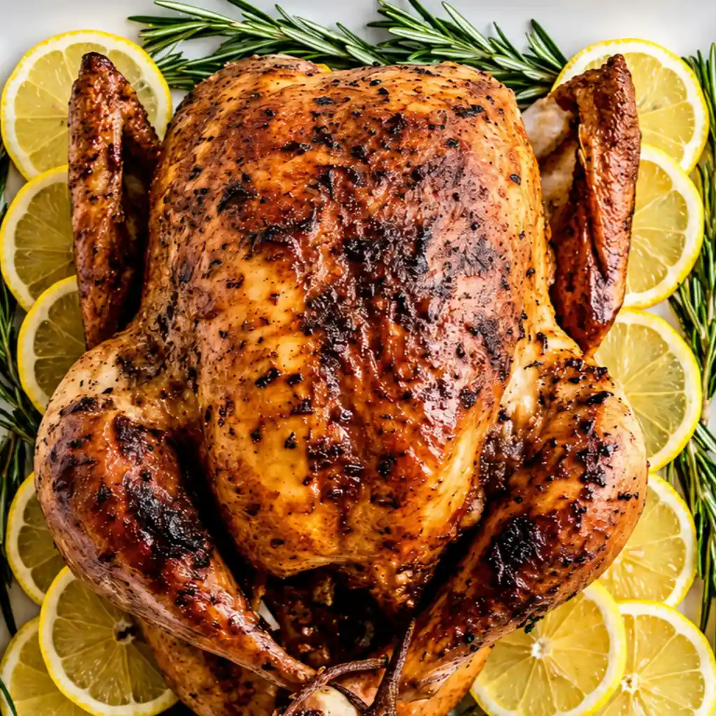golden-brown roasted Turkey Recipes with a crispy, herb-seasoned skin, presented on a white serving platter surrounded by fresh lemon slices and green rosemary sprigs.