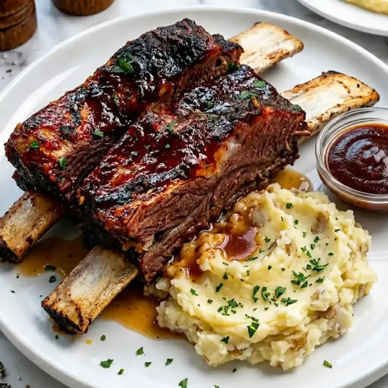 image shows tender, glazed Beef Ribs Recipes served over creamy mashed potatoes with a small bowl of barbecue sauce and fresh parsley garnish on a white plate.