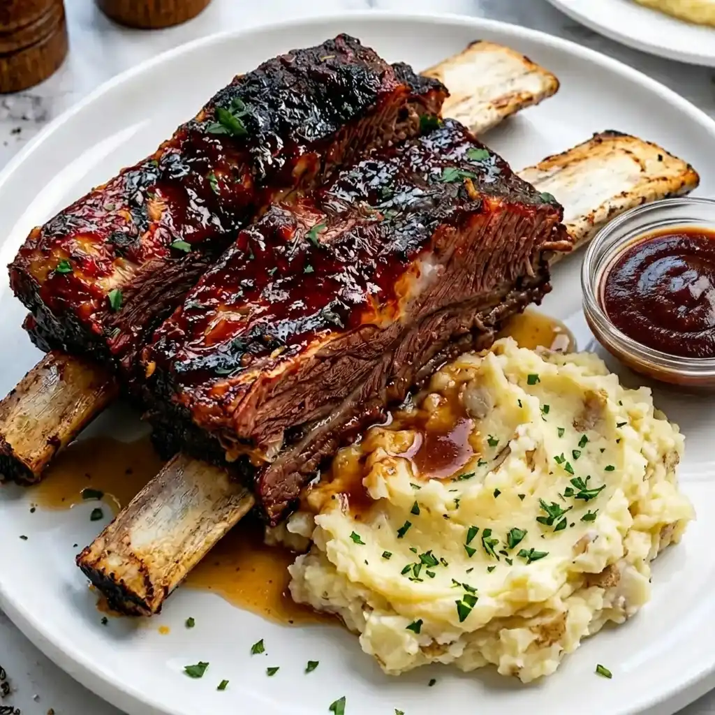 image shows tender, glazed Beef Ribs Recipes served over creamy mashed potatoes with a small bowl of barbecue sauce and fresh parsley garnish on a white plate.