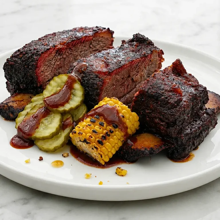 Beef-Ribs-Recipes :smoked beef short ribs with a dark bark served on a white plate alongside creamy coleslaw, sliced pickles, and rich barbecue sauce on a marble countertop.