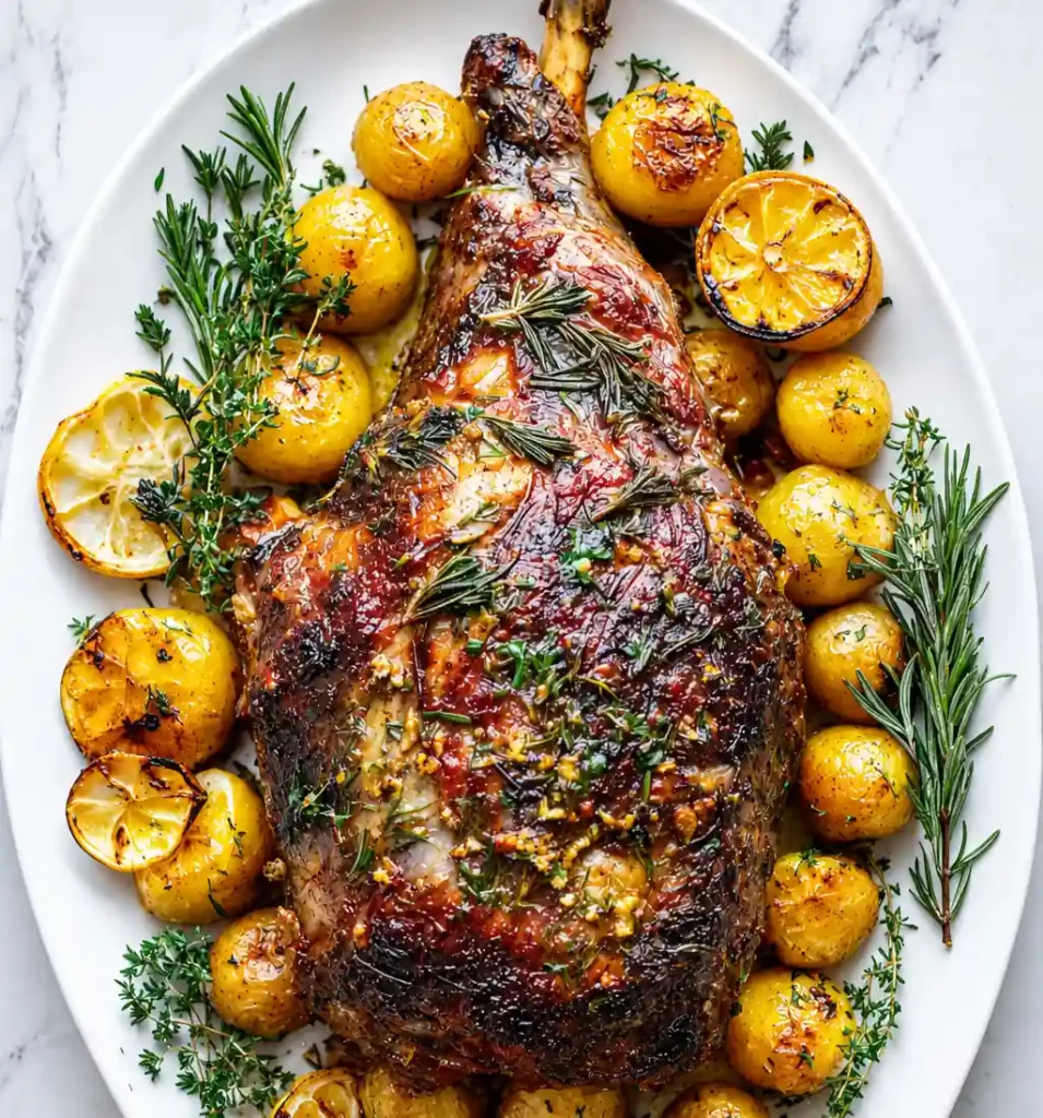 Gigot d'agneau rôti doré aux herbes avec petites pommes de terre poêlées, demi-citrons grillés et brins de romarin frais, présenté sur un grand plat ovale blanc for Lamb Recipes