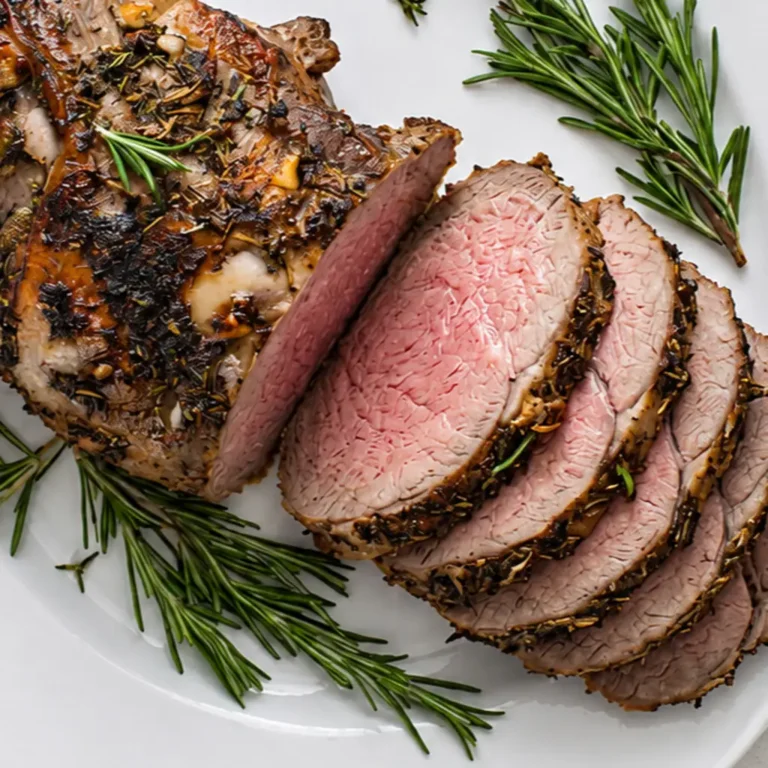A lamb recipes: featuring a roasted leg of lamb covered in a crust of herbs, sliced into tender, pink slices on a white plate, and garnished with fresh rosemary sprigs.